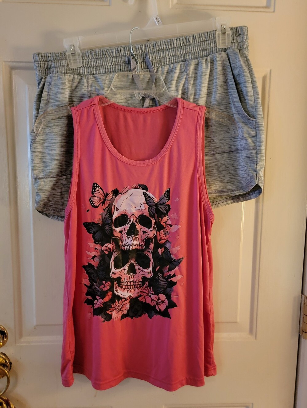 Womans Pink Sleeveless Skull & Butterfly Print Tank Top with St Johns Bay Shorts